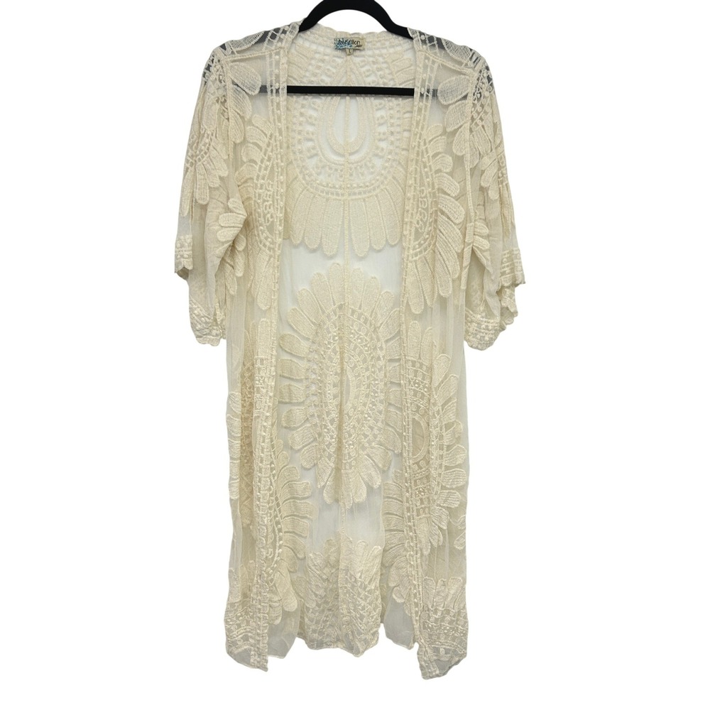 Cream Embroidered Lace Kimono Cardigan Large Boho Fairy Festival Duster Layering